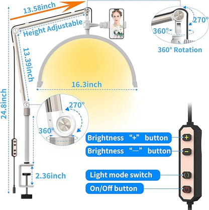 Half Moon Light Lamp for Lashes, Upgraded Stable Stand, Lash Lamp for Eyelash Extensions, Esthetician Light Eyelash Lamp with Phone Holder for Tattoo Artists, Nail Tech, Makeup,Skincare