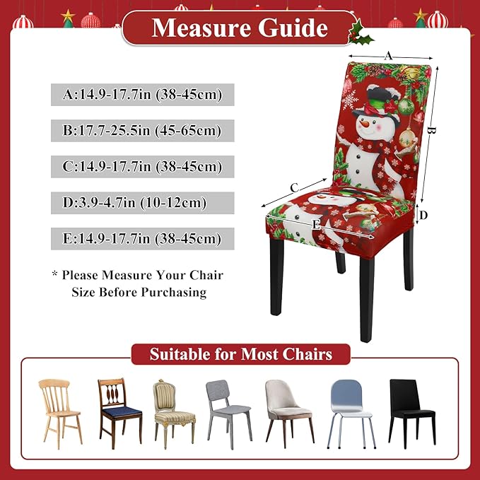 U'Artlines Christmas Chair Covers Set of 4, Removable Washable Merry Christmas Dining Chair Seat Covers Stretch Protector Slipcovers for Dining Room Kitchen Holiday Party Decor, Snowman