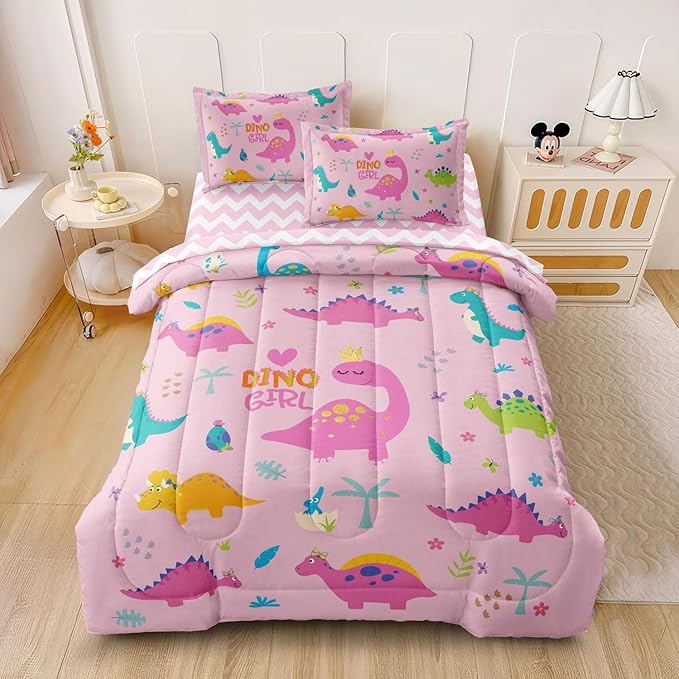 Girls Dinosaur Bedding Twin Green Pink Dinosaur Comforter Set, Cute Cartoon Down Comforter for Little Girls Teens Kids Adults Room Decor, Reversible Bed-in-a-Bag 5-Piece Bed Sets