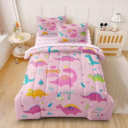 Girls Dinosaur Bedding Full Green Pink Dinosaur Comforter Set, Cute Cartoon Down Comforter for Little Girls Teens Kids Adults Room Decor, Reversible Bed-in-a-Bag 5-Piece Bed Sets