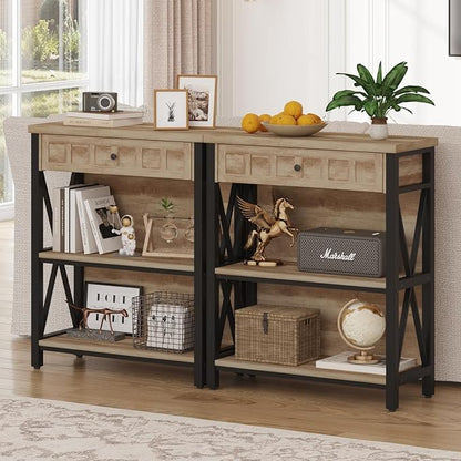 FATORRI Rustic Bookshelf with Drawer, Industrial Wood and Metal Bookcase, Small Book Shelf and Low Book case for Small Space (Rustic Oak)