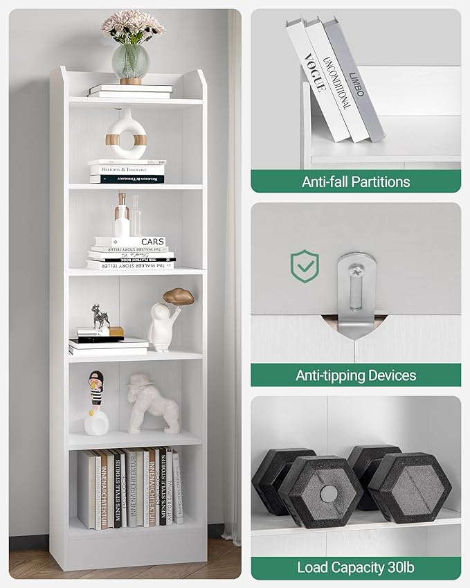 6-Tier Bookshelf, 66.7 Inches Floor Standing Bookcase, Display Storage Shelf, Corner Shelf, Home Decor Furniture for Home Office, Living Room, Bedroom, White 02903XBC