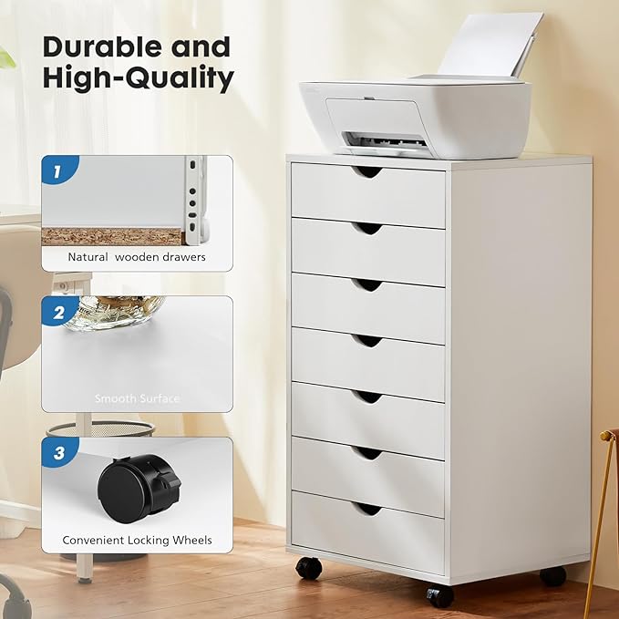 OLIXIS 7 Drawer Chest Wood File Cabinet Rolling Organization Storage Dresser with Wheels for Home Office, 15.75" D x 18.74" W x 34.25" H, White