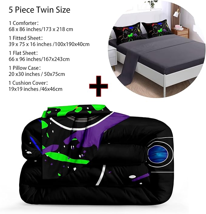 5 Pieces Gamer Comforter Set for Boys Gaming Bedding Set Twin Size,Video Game Controller Comforter for Boys Kids Adult 3D Gamepad Microfiber Bed in A Bag Sets3001,Twin