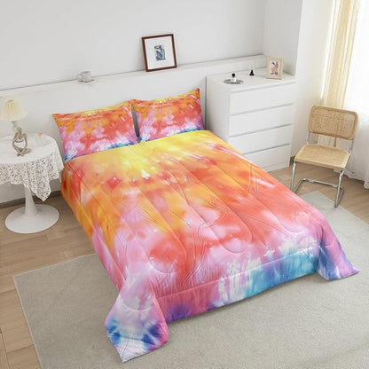 Girls Tie Dye Comforter Set with Pillowcase Trippy Bedding Boho Hippie Psychedelic Gypsy Down Comforter Twin Kids Bed Sets Soft Machine Washable Pastel Duvet Quilt Set, Orange Yellow Pink Purple Blue