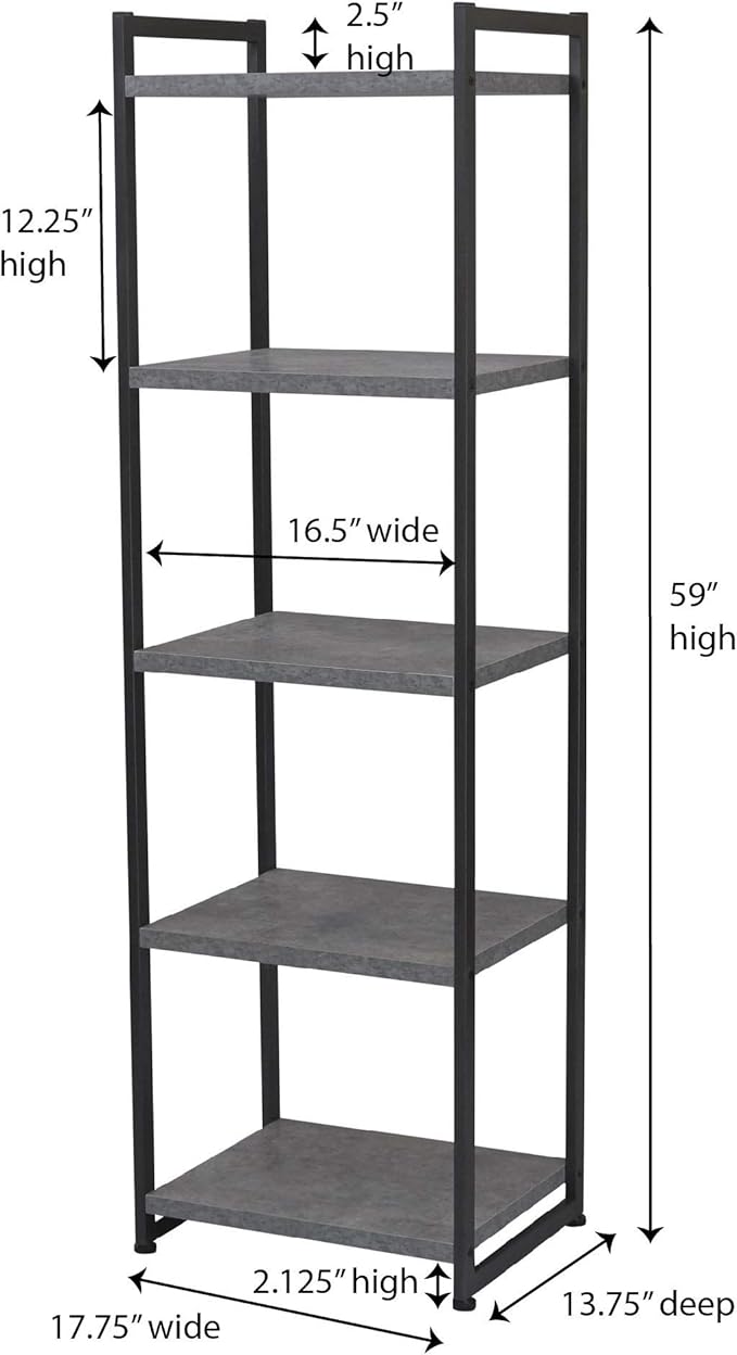 Household Essentials 5 Tier Storage Tower Shelves – Slate with Black Frame (8095-1)