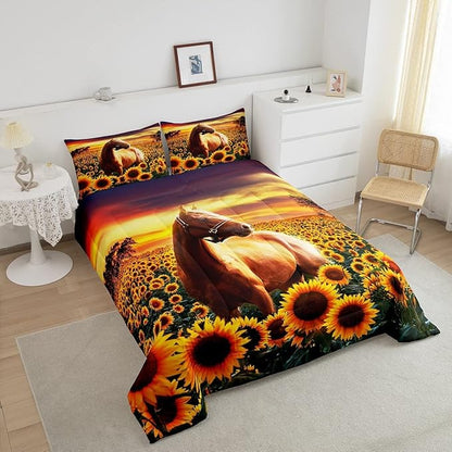 Erosebridal Brown Horse Comforter Set King Size for Kids Adult Teens Farmhouse Decor Sunflower Bedding with Sunset, Cowboys 3D Wild Animal Horse Print Quilt Rustic Style Cowgirls Down Comforter