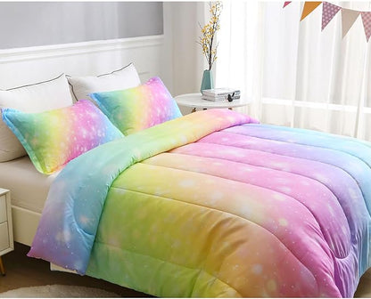 Girls Unicorn Bedding Set 3 Piece Rainbow Comforter Set for Teen Girls Adults with Sparkle Stars Soft Bedding Sets Machine Washable, Multi, Queen