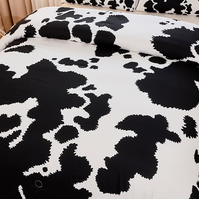 Cow Print Bedding Set Queen,Queen Size Cow Print Comforter Sets,Boys Bedding Set Queen,Black and White Color Comforter,Cow Room Decor
