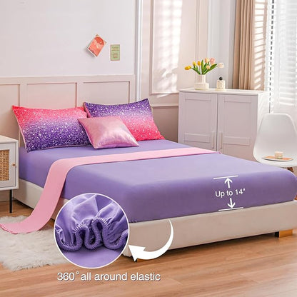 A Nice Night Girls Comforter Set Twin Size 6 Piece Bed in A Bag 3D Colorful Sparkle Galaxy Rainbow Bedding Comforter Sheet Sets for Kids,RedPurple