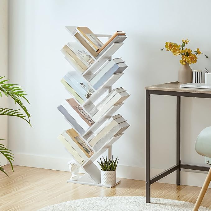 HOOBRO Tree Bookshelf, 9-Tier Bookcase Wooden Shelves, Floor Standing Storage Rack, for Display of CDs, Books in Living Room, Home Office, Wood Storage Rack for Bedroom, White WT08SJ01G1