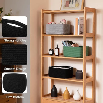 OIAHOMY 4 Pack 14.17*11.02*6.3IN Storage Baskets for Organizing Shelves, Woven Rope Baskets for Organizing Books, Clothes, Decorative Basket for Living Room, Nursery, Bedroom, Gift Basket, Black