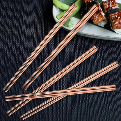 10 Pairs Rose Gold Chopsticks Set Stainless Steel 304 Reusable Non-slip Line Design Metal Chop Sticks for Cooking and Eating Kitchen Utensils Dishwasher Safe Tableware Gift Set