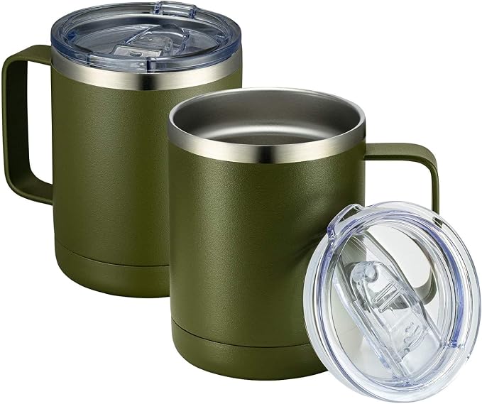 MEWAY 12oz Coffee Mug With Handle 2 Pack Bulk,Stainless Steel Insulated Travel Tumblers With Sliding Lid,Double Wall Vacuum Camping Cup for Hot & Cold Drinks Tea (Army Green,Set of 2)