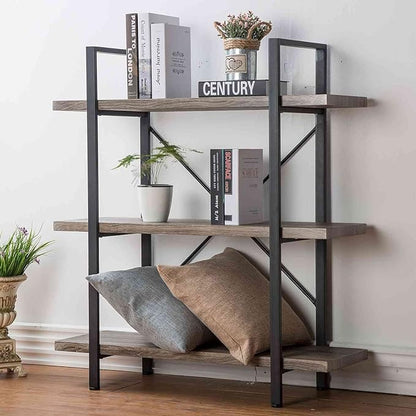 HSH 3-Shelf Bookcase, Rustic Gray 3 tier Bookshelf, Vintage Industrial Wooden and Metal Display and Storage Bookshelves Tower for Home Office Livingroom Bedroom Light Grey Oak