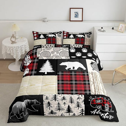 Manfei Bear Comforter Set Twin Size,Pine Trees Animals Hunting Bedding Set for Kids Boys Girls Adults Room Decor,Camping Adventure Rustic Farmhouse Down Comforter,Red Plaids Duvet Insert,1 Pillowcase