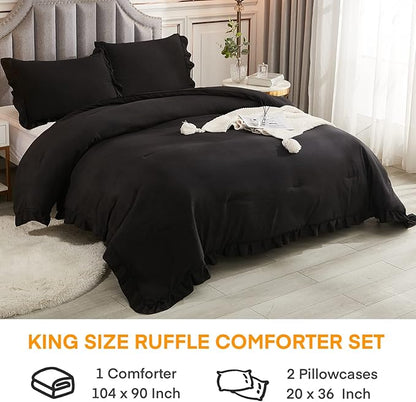 Andency Black King Size Comforter Set, 3 Pieces Farmhouse Shabby Chic Bedding Comforters & Sets, Soft Fluffy Lightweight All Season Down Alternative Bed Blanket Set
