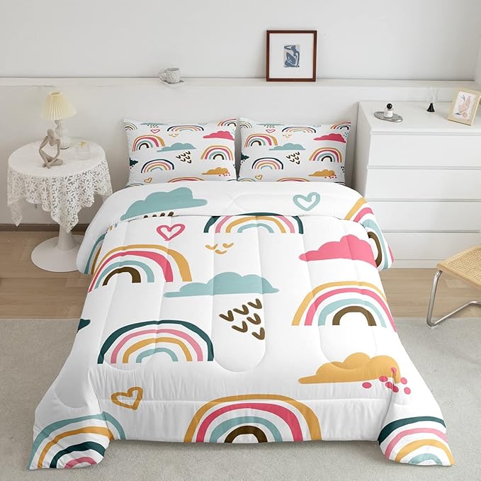 Girly Rainbow Comforter Set Queen Size,Hand Drawn Kawaii Rainbow Bedding Sets for Kids Children,Lovely Cartoon Style Clouds Love Heart Duvet Insert Abstract Artwork Down Comforter with 2 Pillow Shams