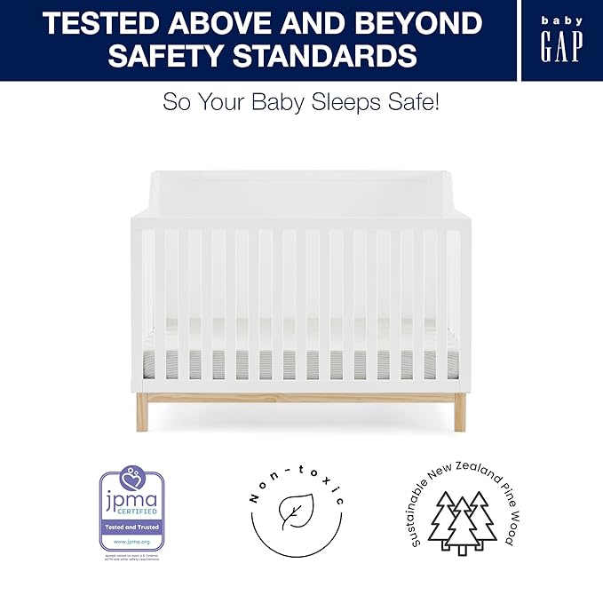 Delta Children babyGap Oxford 6-in-1 Convertible Crib + Brannan Bear Bookcase with Bins + Brannan Bear Wall Shelf with 4 Hooks, Bianca White/Natural (Bundle)