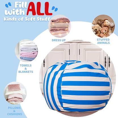Wekapo Stuffed Animal Storage Bean Bag Chair Cover for Kids | Stuffable Zipper Beanbag for Organizing Children Plush Toys Large Premium Cotton Canvas (Blue, X-Large)