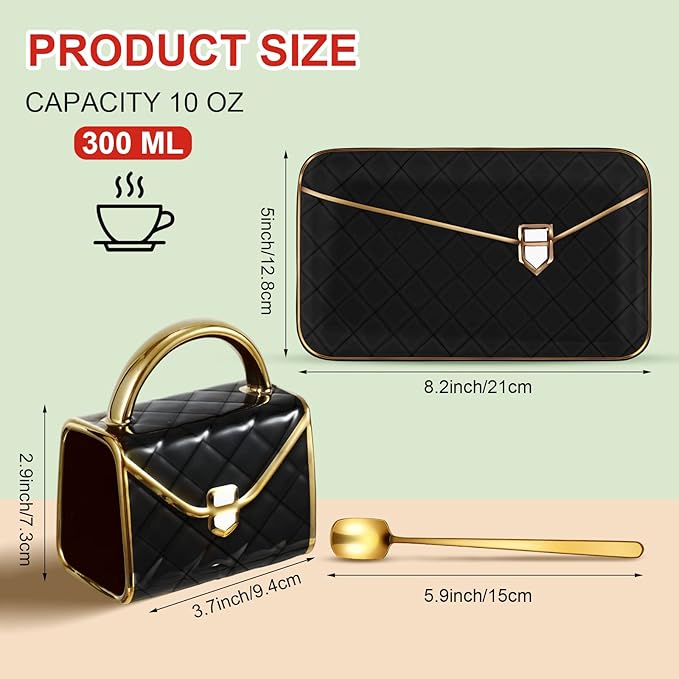Zubebe 1 Set Coffee Mug Elegant Handbag Shaped Cup Modern Ceramic Purse Mug with Spoon and Saucer, 10oz Cute Creative Tea Cup for Office Home Woman Girls Gift (Black)