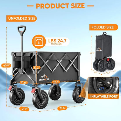 Big Rubber Wheels Beach Wagon Cart Foldable, 9x3 All-Terrain Wheels, Heavy Duty Collapsible Utility Wagon with 330lbs Capacity, Compact Storage, Easy Transport for Sand Camping Sports, Black