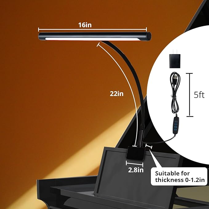 Piano Light with 3 Color Modes, Desk Piano Lamp for Grand Piano, Dimmable Grand Piano Lamp, Wide Illumination Music Stand Light Clip On, Stand Lights for Musicians Digital Pianos