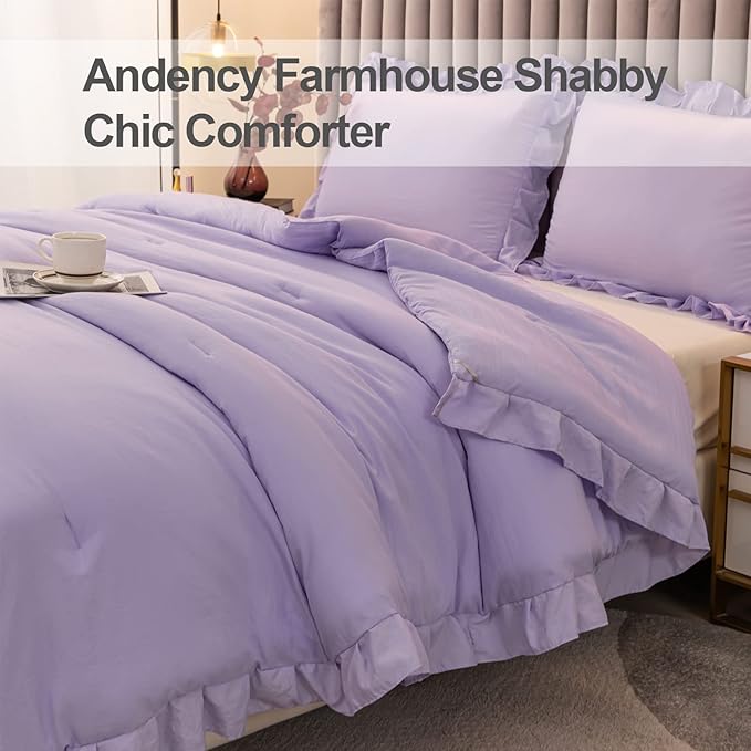 Andency Lavender Ruffle Comforter Queen(90x90Inch), 3 Pieces(1 Ruffled Comforter and 2 Pillowcases) Solid Farmhouse Shabby Chic Comforter, Vintage Rustic Soft Microfiber Bedding Set