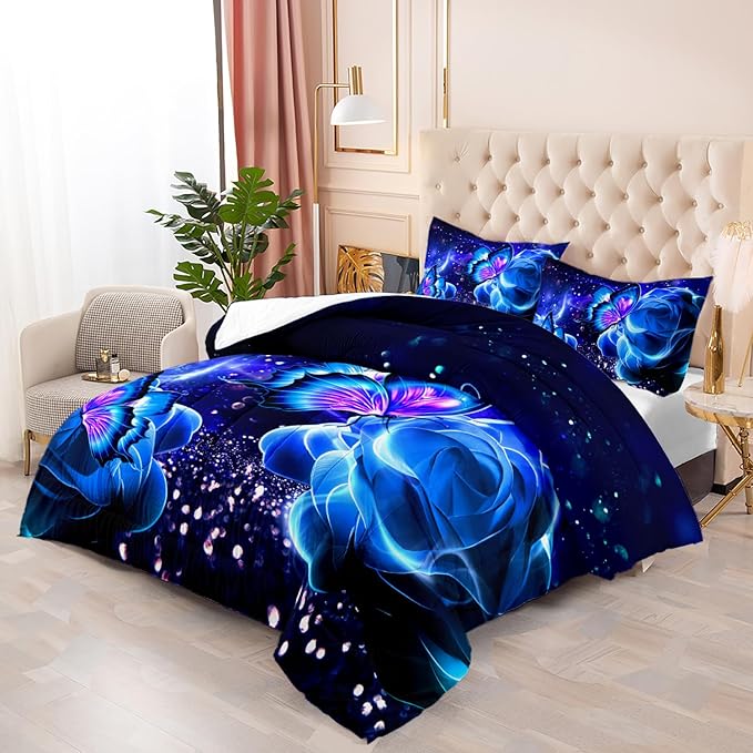 Galaxy Butterfly Comforter Set Queen Size for Girls Kids Adults Butterfly Rose Bedding Set Aesthetics Butterflies Quilt Bed Set with 1 Comforter and 2 Pillowcases