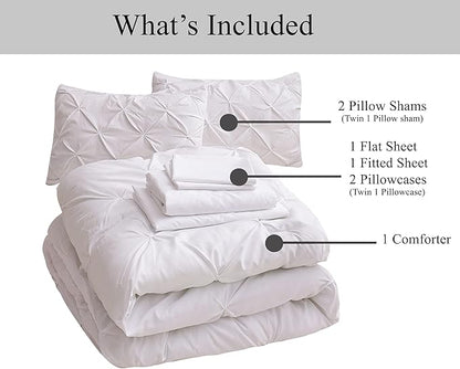 LANE LINEN Full Size Comforter Sets, 7 Piece Bed in a Bag Full Size, Soft Full Size Bed Set, Pintuck Bedding Comforter Sets Full Size, Full Size Comforter Set with Sheets, Pillowcases & Shams - White