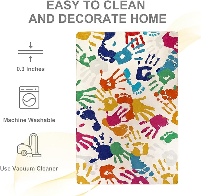 Handprints and Footprints Kids Rug for Playroom, 3'x5' Washable Colorful Nursery Rug for Boys and Girls Room, Ultra Soft Non-Slip Carpet Indoor Mat for Classroom Bedroom