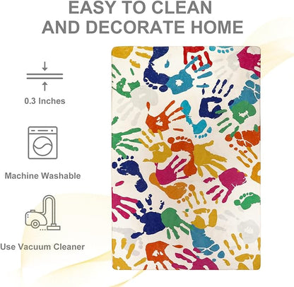 Handprints and Footprints Kids Rug for Playroom, 3'x5' Washable Colorful Nursery Rug for Boys and Girls Room, Ultra Soft Non-Slip Carpet Indoor Mat for Classroom Bedroom