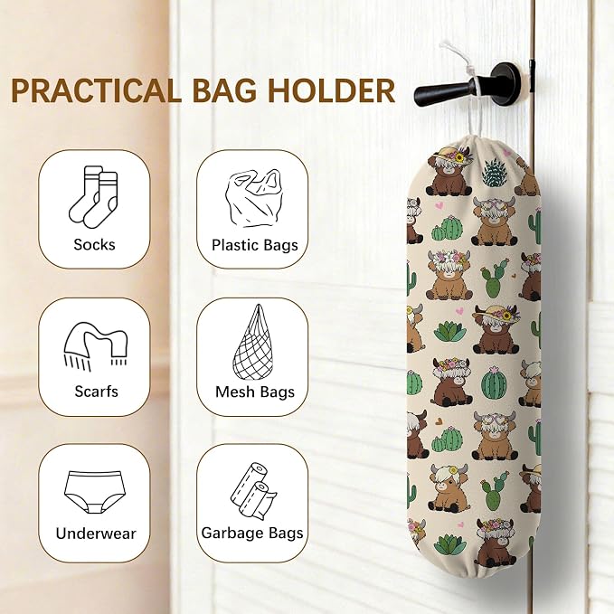 Plastic Bag Holder Highland Cow Bag Holder Dispenser, Plastic Grocery Bag Organizer & Wall Mount Paper Trash Bags Saver Storage for Kitchen Home Pantry Decor, Fun Farmhouse Decor