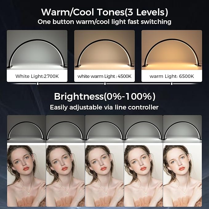 Charme Princesse 30in Half Moon Lamp 48W Half Moon Nail Desk Lamp 1600 Lumen LED Lash Light 3 Color Temperature Lash Lamp for Lashes Eyelash Extensions Tattoo Skin Care (Black) M18S-1-US