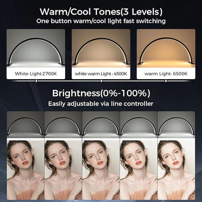 Charme Princesse 30in Half Moon Lamp 48W Half Moon Nail Desk Lamp 1600 Lumen LED Lash Light 3 Color Temperature Lash Lamp for Lashes Eyelash Extensions Tattoo Skin Care (Black) M18S-1-US