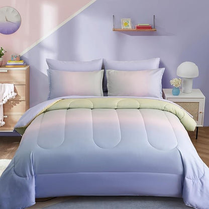 Dinjoy Girls Comforter Set Twin Size Colorful Rainbow Ombre Pink Purple Green Bedding Set Gradient 6 Pieces Bed in A Bag for Kids Teen Girl Women(1 Comforter, 1 Flat Sheet, 1 Fitted Sheet)