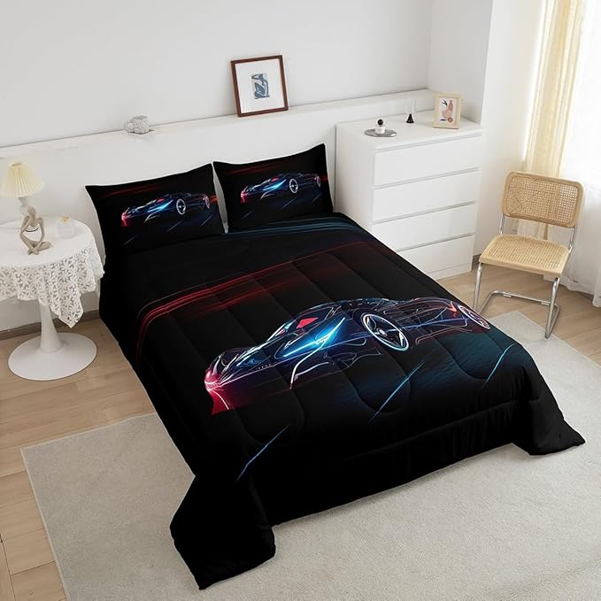 Feelyou Red Blue Race Car Bedding Set Full Size for Kids Boys Extreme Sport Games Comforter Set Teens Toddler Fast and Furious Duvet Set Cool Modern Quilt Set 3Pcs