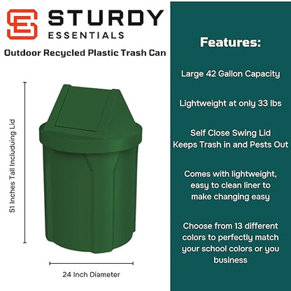 42 Gallon Round 100% Recycled Plastic Indoor or Outdoor Commercial Trash Can with Easy Access Swing Top Lid | Great for Schools and Businesses - Green