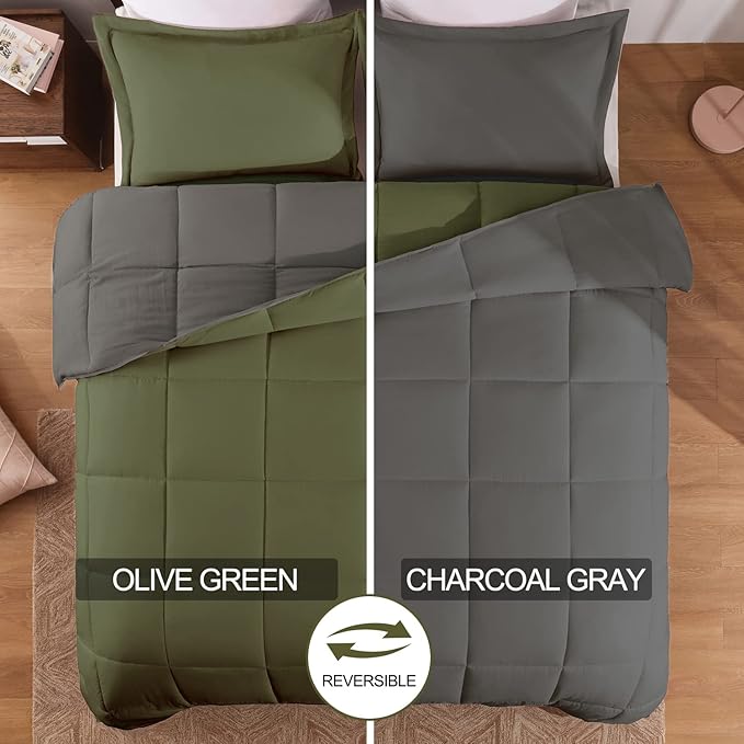 Basic Beyond Twin Comforter Set for Girls and Boys - Fluffy Twin Bed Comforter Set for All Seasons - Reversible Olive Green and Dark Grey Comforter Set - 2 Pcs (1 Comforter + 1 Pillow Sham)