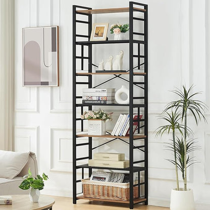 HOMBAZAAR Bookshelf,7 Tier Tall Bookshelf with Metal Frame,Open Bookshelves and Bookcases,Industrial Book Shelf for Living Room,Home Office and Bedroom,Rustic Brown