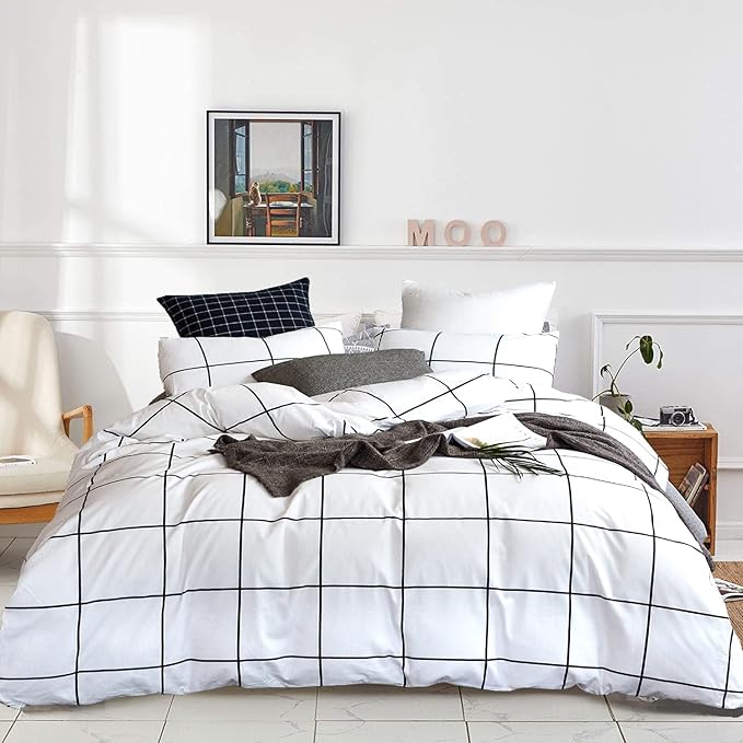 White Grid Comforter White Plaid Bedding Set Twin White with Black Line Stripes Boys Checkered Comforters Bedding Set Girls White Grid Comforter Set Twin