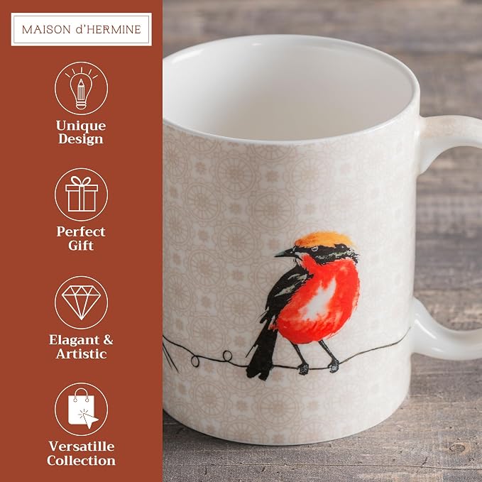 Maison d' Hermine Coffee Mug with Handles Tea Cups (15 Ounce, Pack of 1) | Fine Bone China Coffee Mugs for Hot Beverages Cappuccino Latte Home Restaurant Spring Summer -Birdies on Wire - Nuthatch