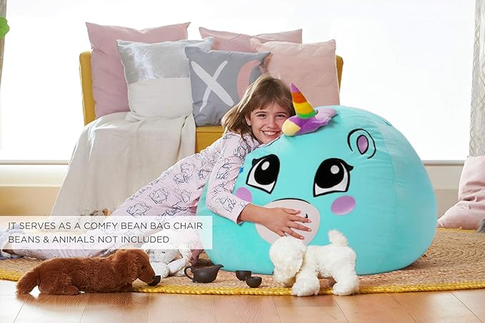 Aubliss Stuffed Animal Storage, Velvet Bean Bag Chairs Cover, Large 32" Ultra Soft Kids Toy Storage Organizer for Blankets Towels Clothes, Cyan Big Eyes