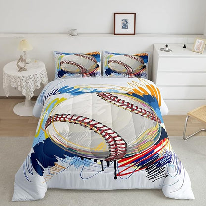 Erosebridal Baseball Comforter Set for Boys Kids Queen Grunge Graffiti Baseball Bedding Set Sports Theme Bed Comforter Sets Watercolor Hippie Tie Dye Quilt Duvet 2 Pillow Cases Hand Drawn Navy