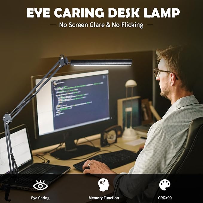 Adjustable Swing Arm Desk Lamp with Clamp, LED Desk Lamp,Dimmable Desk Light, 3 Colors 10 Brightness Adjustable Flexible Gooseneck, Architect Task Lamp for Home Office