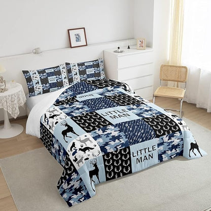 Manfei Camo Deer Antlers Comforter Set King Size Geometric Checkered Patchwork Bedding 3pcs for Xmas Decor, Boho Arrows Animals Quilt Set, Blue Rustic Duvet Insert, 2 Pillowcases (WWS10844GYY-BZ_USk)