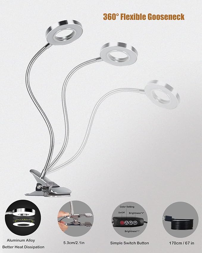 LED Reading Light, Dimmable Clamp Light for Bed Headboard, Bedroom, Office, 3 Modes & 9 Dimming Levels, Flexible Clip Desk Lamp, Adapter Included (Mattesilver)