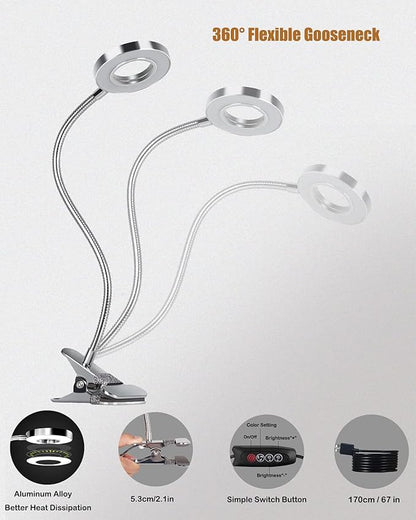 LED Reading Light, Dimmable Clamp Light for Bed Headboard, Bedroom, Office, 3 Modes & 9 Dimming Levels, Flexible Clip Desk Lamp, Adapter Included (Mattesilver)