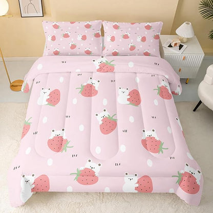 Cartoon Bear Comforter King Size,Pink Strawberry Comforter Set for Kids Teens Girls,3Pcs Bedding Set Printed Comforter with 2 Pillowcases,Down Alternative,Soft and Lightweight，King Size