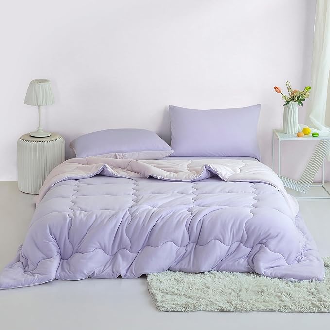 COTTEBED Reversible Softness Pink Purple Twin Comforters Sets for Girl Kids College Dorm, Cute Jersey Knit Lightweight Breathable Fluffy Cozy Comfy Bed Down Comforter Quilt for All Season Twin/Twin XL